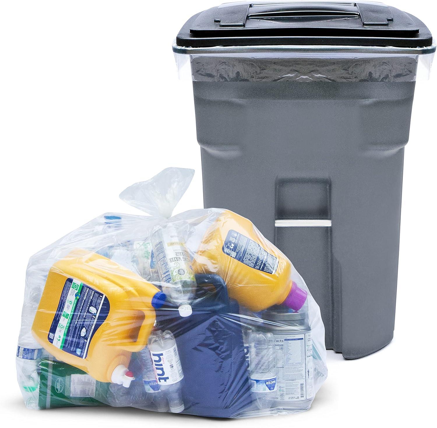 image:imageTasker 9596 Gallon Trash Bags Value Pack 50 Bags wTies Extra Large Heavy Duty Clear Plastic Recycling Trash Bags 90 Gallon 95 Gallon 96 Gallon 100 Gallon Clear50 Count Pack of 1