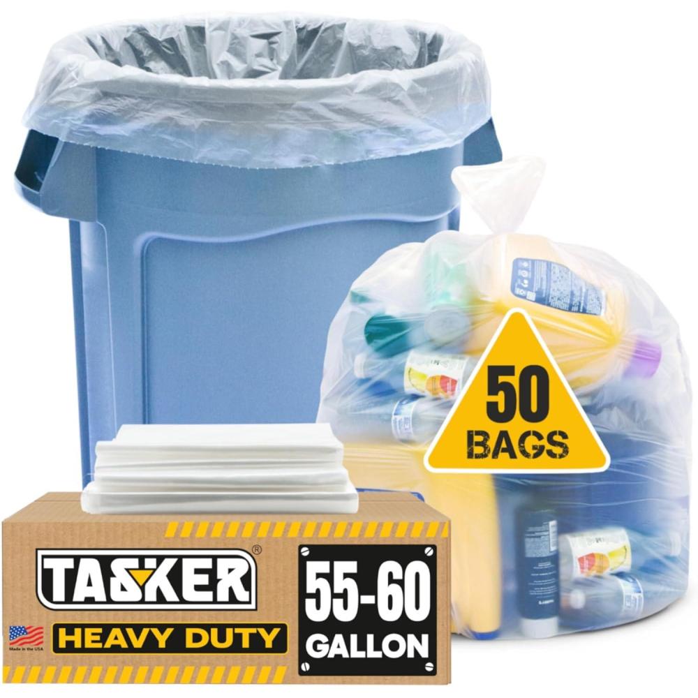 image:image55 Gallon Clear Trash Bags 50 Bags wTies Large Clear Plastic Recycling Garbage Bags50 Count Pack of 1