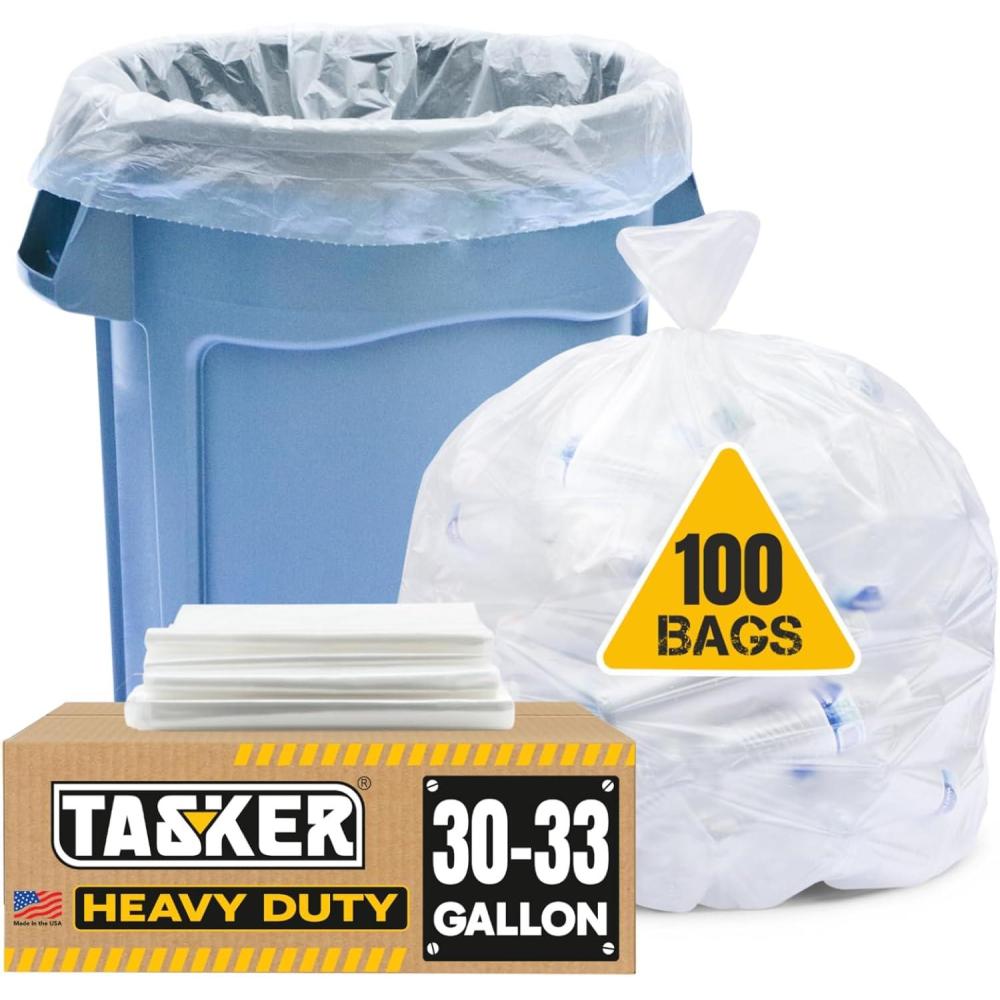 image:imageTasker 3033 Gallon Trash Bags Heavy Duty Value 100Bags wTies Clear Large Plastic Recycling Garbage Bags 30 Gal 32 Gallon Clear Large Trash Bags100 Count Pack of 1