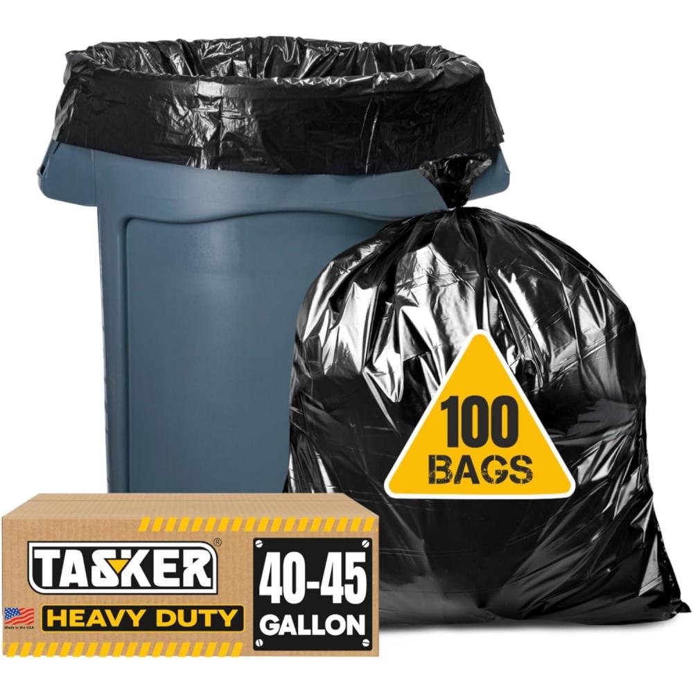 image:imageTasker 4445 Gallon Trash Bags Heavy Duty Value 100 Bags wTies Extra Large Black Trash Bags 39 Gallon 40 Gallon 42 Gallon 45 Gallon Large Black Garbage Bags Heavy Duty1 Count Pack of 100