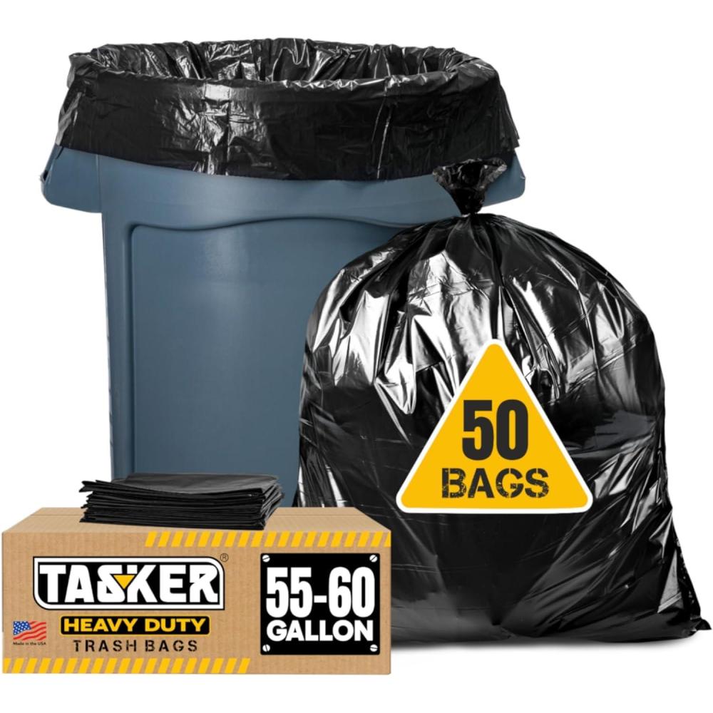image:imageTasker 55 Gallon Trash Bags Value 50 Trash Bags wTies Heavy Duty Extra Large Industrial Trash Bags 55 Gallon Lawn and Leaf Bags Extra Large Outdoor Contractor Trash Can Liners 5060 Gallon50 Count Pack of 1