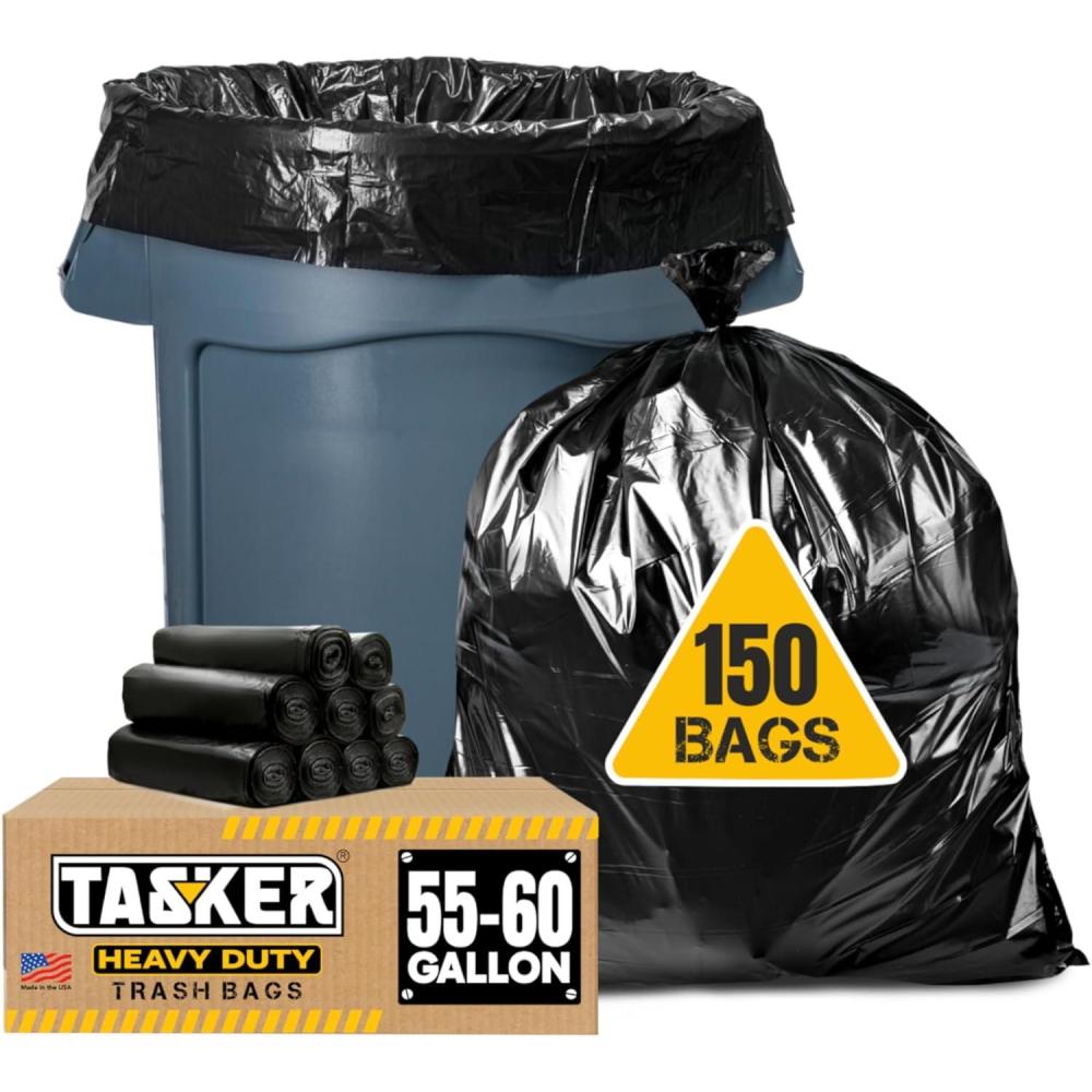 image:imageTasker 55 Gallon Trash Bags Value 50 Trash Bags wTies Heavy Duty Extra Large Industrial Trash Bags 55 Gallon Lawn and Leaf Bags Extra Large Outdoor Contractor Trash Can Liners 5060 Gallon150 Count Pack of 1