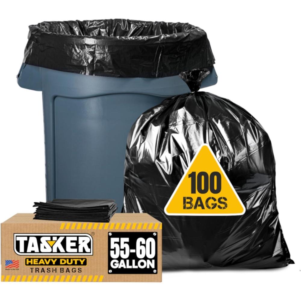 image:imageTasker 5560 Gallon Trash Bags Heavy Duty Value Pack 100 Bags wTies Large Black Outdoor Trash Bags Extra Large Trash Can Liners 60 Gal 55 Gal 50 Gallon Trash Can Liner Capacity