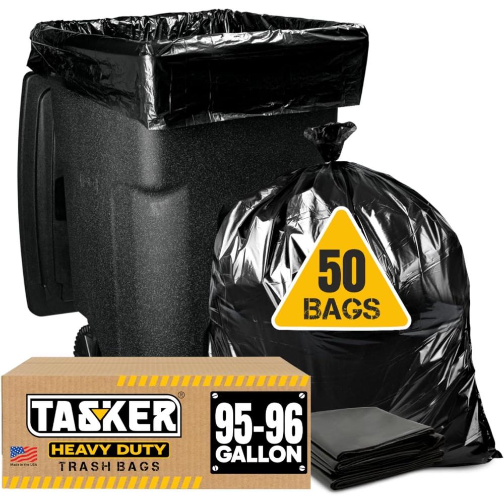image:imageTasker 9596 Gallon Trash Bags Heavy Duty MegaValue 50Bags wTies 95100 Gallon Trash BagsBlack Heavy Duty Trash Bag Extra Large Garbage Bags