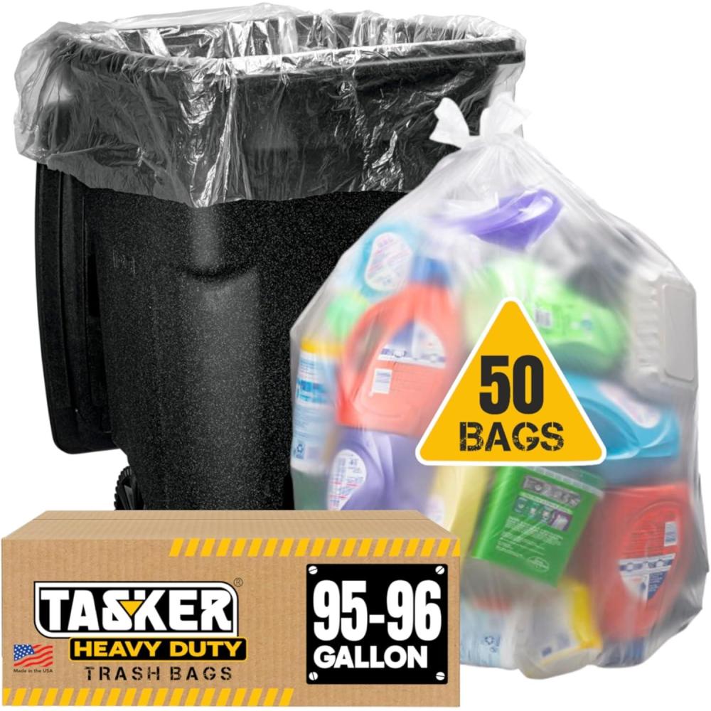 image:imageTasker 9596 Gallon Trash Bags Value Pack 50 Bags wTies Extra Large Heavy Duty Clear Plastic Recycling Trash Bags 90 Gallon 95 Gallon 96 Gallon 100 Gallon Clear50 Count Pack of 1