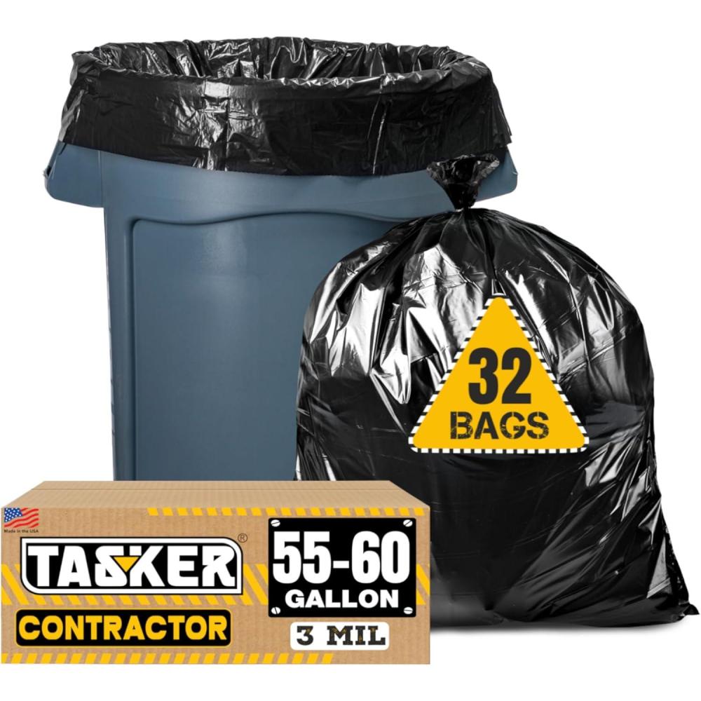 image:imageTasker Contractor Garbage Bags 55 Gallon 3 Mil Heavy Duty 32 Bags wTies 60 Gal Contractor Bags 3 Mil 55 Gallon Heavy Duty XLarge Black Trash Bags 50 Gal