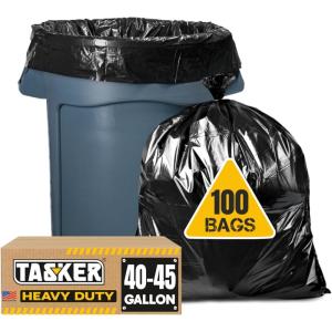 Tasker 44-45 Gallon Trash Bags Heavy Duty, (Value 100 Bags w/Ties) Extra Large Black Trash Bags – 39 Gallon – 40 Gallon – 42 Gallon – 45 Gallon – Large Black Garbage Bags Heavy Duty(1 Count (Pack of 100))