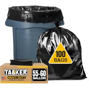 Tasker 55-60 Gallon Trash Bags Heavy Duty, (Value Pack 100 Bags w/Ties) Large Black Outdoor Trash Bags, Extra Large Trash Can Liners, 60 Gal, 55 Gal, 50 Gallon Trash Can Liner Capacity