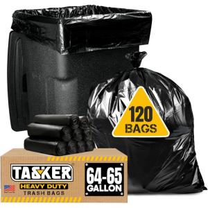 Tasker 65 Gallon Trash Bags for Toter, (Value-Pack 32 Count w/Ties) Heavy Duty Extra Large Garbage Bags for 64-65 Gallon Outdoor Trash Cans, Yard Waste and Lawn Debris(120 Count (Pack of 1))