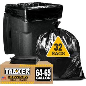 Tasker 65 Gallon Trash Bags for Toter, (Value-Pack 32 Count w/Ties) Heavy Duty Extra Large Garbage Bags for 64-65 Gallon Outdoor Trash Cans, Yard Waste and Lawn Debris(32 Count (Pack of 1))