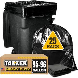 Tasker 95 Gallon Contractor Garbage Bags – 2 Mil Extra Heavy Duty Trash Bags – 96-100 Gallon Trash Can Liners, Industrial Trash Bags with Ties – 25 Count