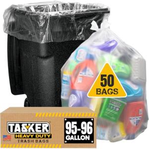 Tasker 95-96 Gallon Trash Bags, (Value Pack 50 Bags w/Ties) Extra Large Heavy Duty Clear Plastic Recycling Trash Bags, 90 Gallon, 95 Gallon, 96 Gallon, 100 Gallon (Clear)(50 Count (Pack of 1))