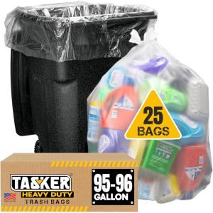 Tasker 95-96 Gallon Trash Bags, (Value Pack 50 Bags w/Ties) Extra Large Heavy Duty Clear Plastic Recycling Trash Bags, 90 Gallon, 95 Gallon, 96 Gallon, 100 Gallon (Clear)(25 Count (Pack of 1))